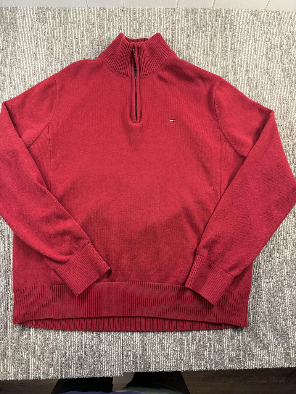 Tommy Hilfiger Sweater Mens Medium Red Quarter‎ Zip Mock Neck Pullover Logo Flag